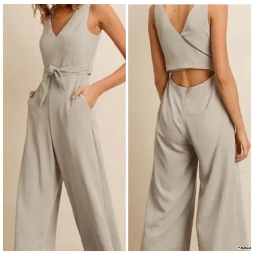 Sleeveless V-Neck Wide-Leg Jumpsuit - Light Gray